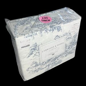 Cabbage & Roses Country Toile Blue King Sheet Set Coquette NEW 100% Cotton